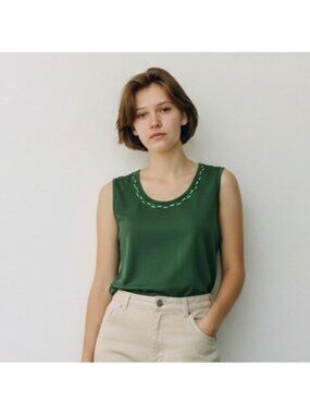 Y2K Womens Embellished Tank Top L Green Stretch Lightweight Feminine